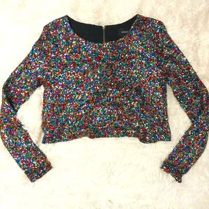 MINKPINK long sleeve lined sequin crop top rainbow xs